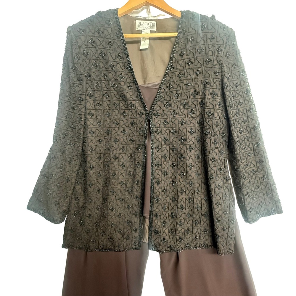 Black Tie Oleg Cassini 3 Pc Silk Beaded‎ Evening Pant Set Womens XL Brown